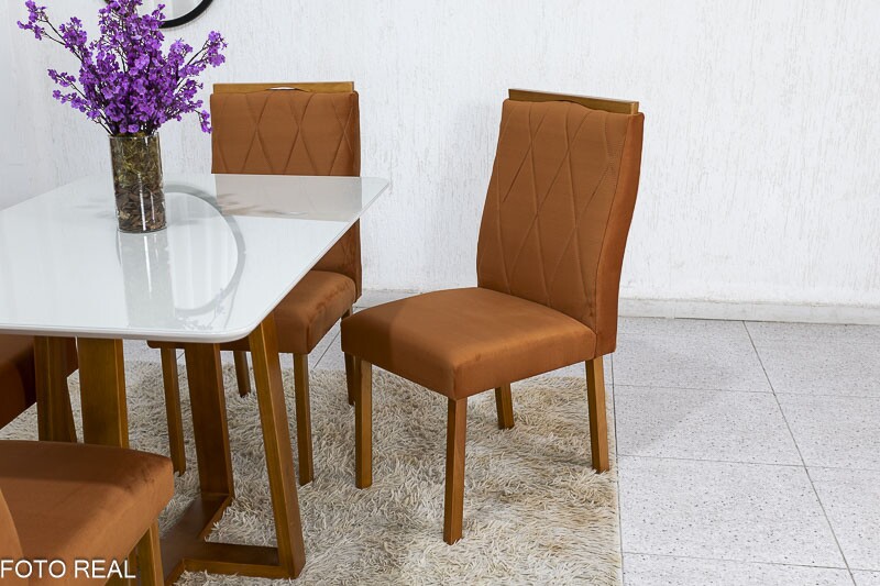 Mesa de Jantar Pedro Mel Vidro Off 120×80 4 Cadeiras Lisboa Veludo Terracota 513 Madeira Maciça Art Assento - Entregue Montada - Imagem 4