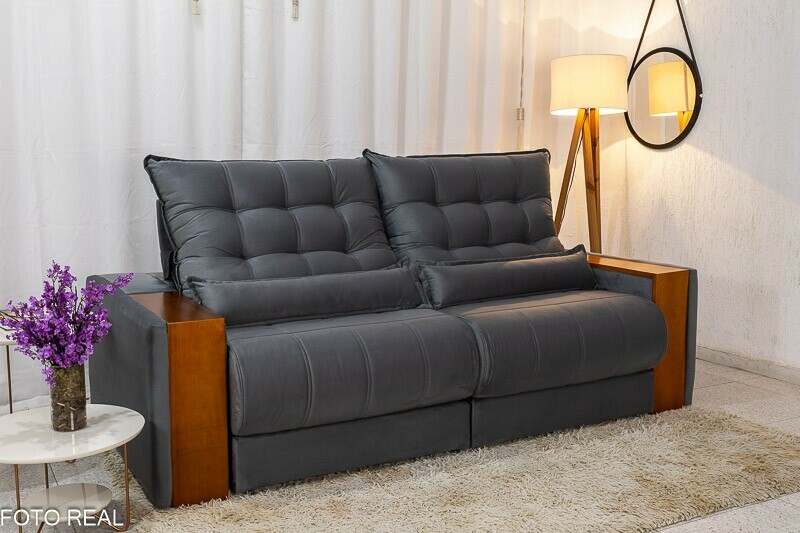 Sofá Retrátil Reclinável 2.50m Gênova Veludo Cinza 814 - Molas Ensacadas - Imagem 3