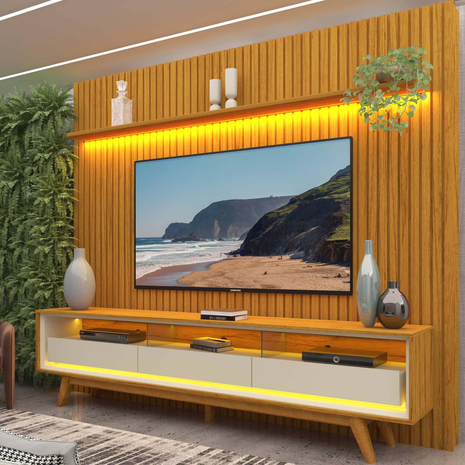 Painel até 85" Nobre 230 Naturale + Rack Requinte 212 Naturale/Off White - GELIUS