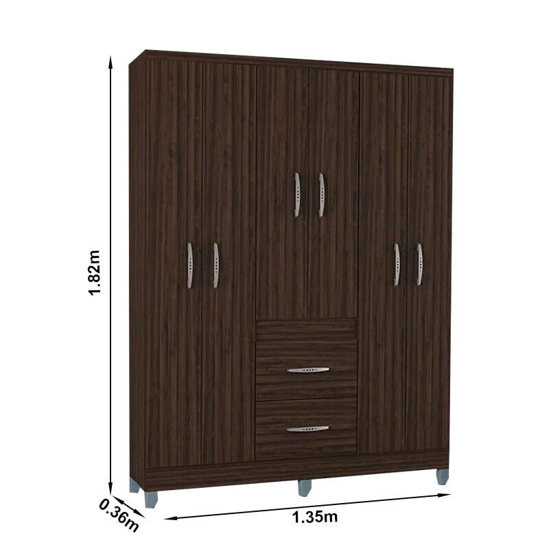 Guarda-Roupa Casal Milão 6 Portas 2 Gavetas C/Pés Larg. 1.35m Chocolate Poquema - Imagem 3