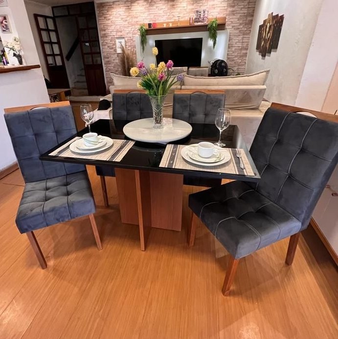Mesa Los Angeles 120 Cinamono/Preto com 4 Cadeiras Sophia/Capri Veludo Grafite – MINASPLAC + WM DECOR