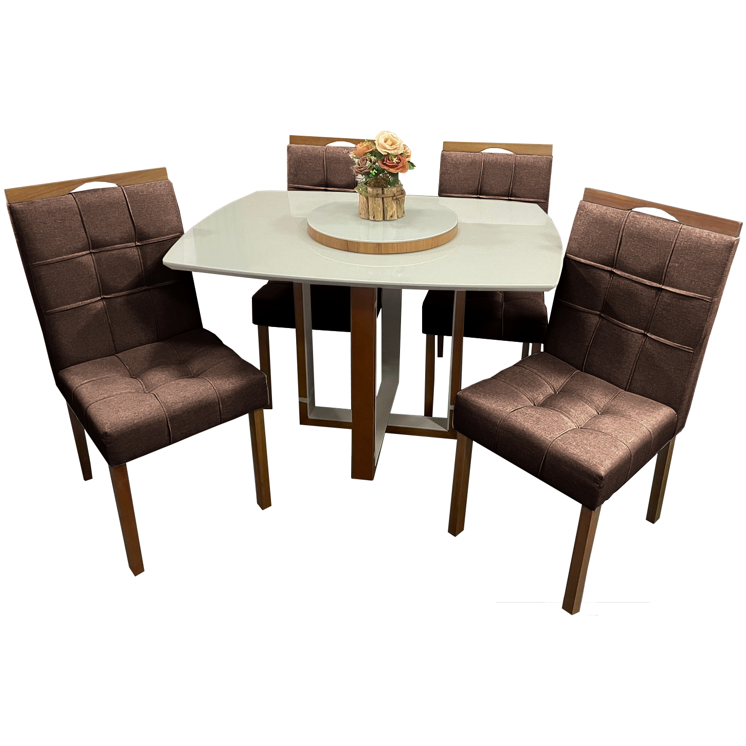 Mesa Atlas Mel/Off White Canto Barril 120×90 com 4 Cadeiras Sophia Mel/Veludo Marrom – ART ASSENTOS + WM DECOR - Imagem 3