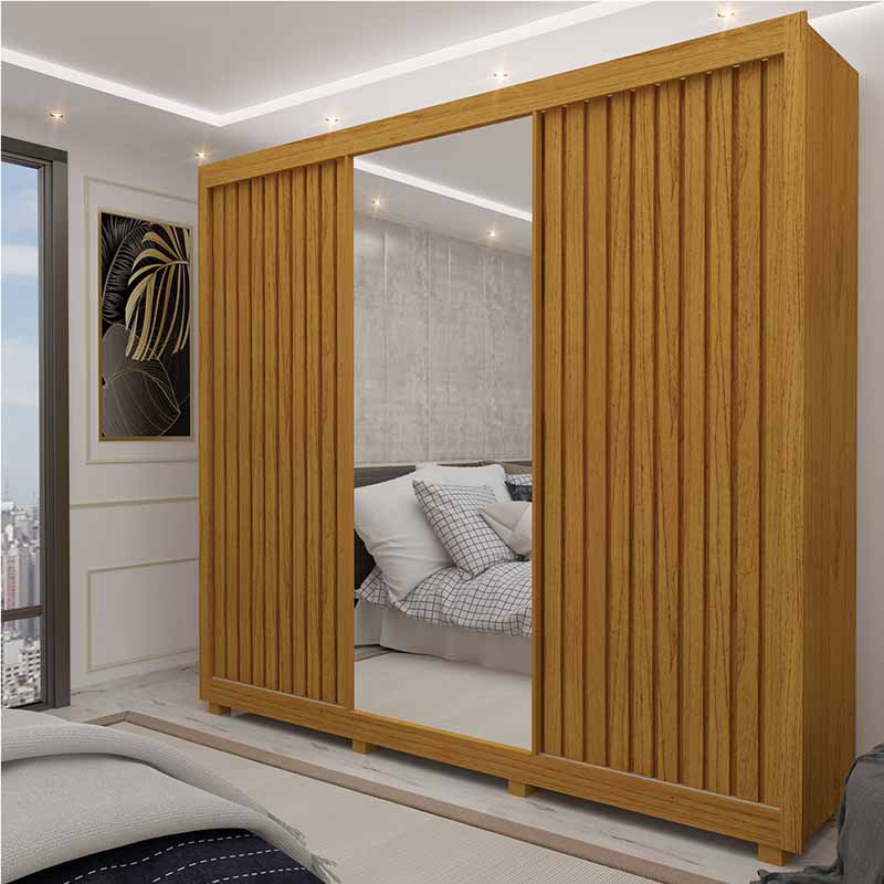 Guarda-Roupa Casal Royale 3 Portas Ripado C/ Espelho Larg. 2.28m Naturale Gelius