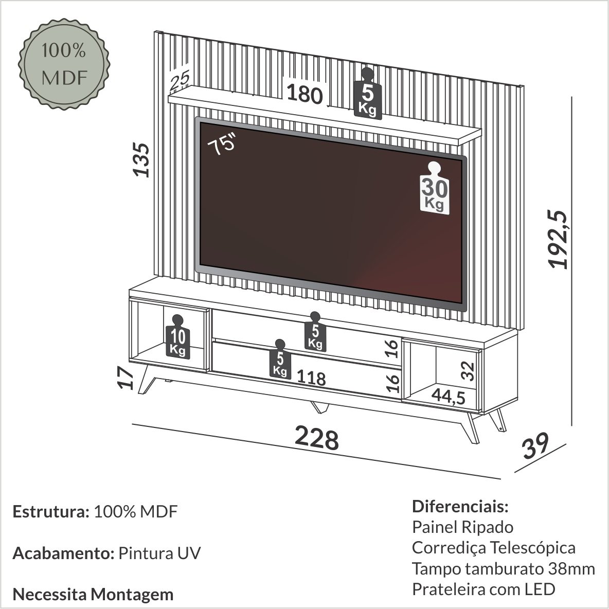 Painel + Rack até 75" Aurora TB343F Off White/Freijó - DALLA COSTA - Imagem 3