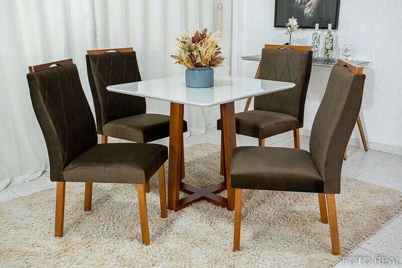 Mesa de Jantar Pedro Mel Vidro Off 90×90 4 Cadeiras Lisboa Veludo Marrom 509 Madeira Maciça Art Assento - Entregue Montada