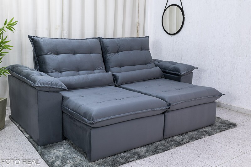 Sofá Retrátil Reclinável 2.30m Emanuelly Veludo Cinza 20 - D28 Soft