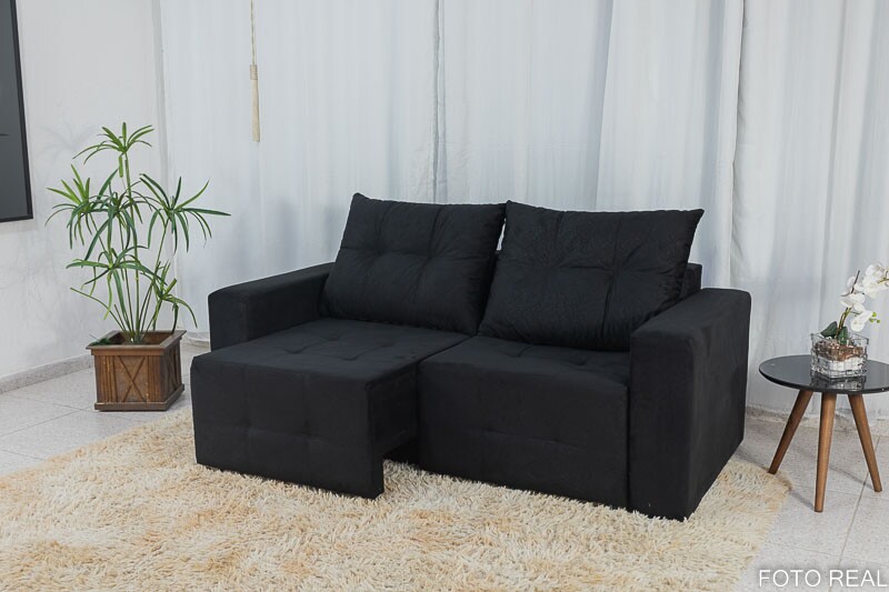 Sofá Retrátil 3 Lugares Havaí Larg. 1.80m Veludinho Preto 17 - Imagem 2