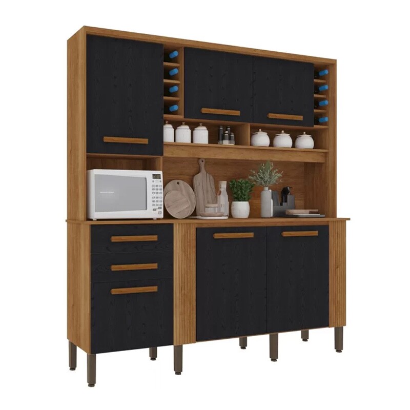 Armário de Cozinha Catar 6 Portas 2 Gavetas Larg. 2.00m Cinamomo/Preto Sallêto - Imagem 3