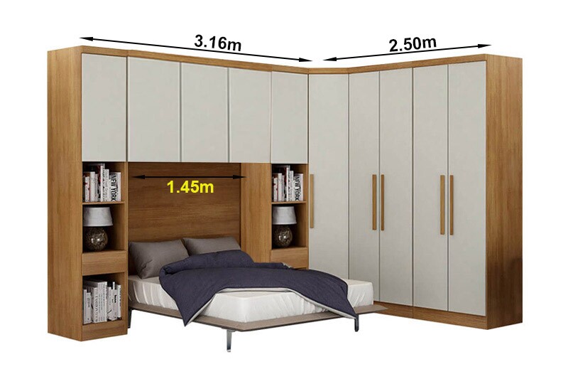 Modulado 1 Roupeiro Moderni 4 Pts + 2 Criado Rizon + 1 Canto Oblíquo Rizon + 1 Aéreo 3 portas Rizon Cumaru/Fendi Novo Horizonte - Imagem 2