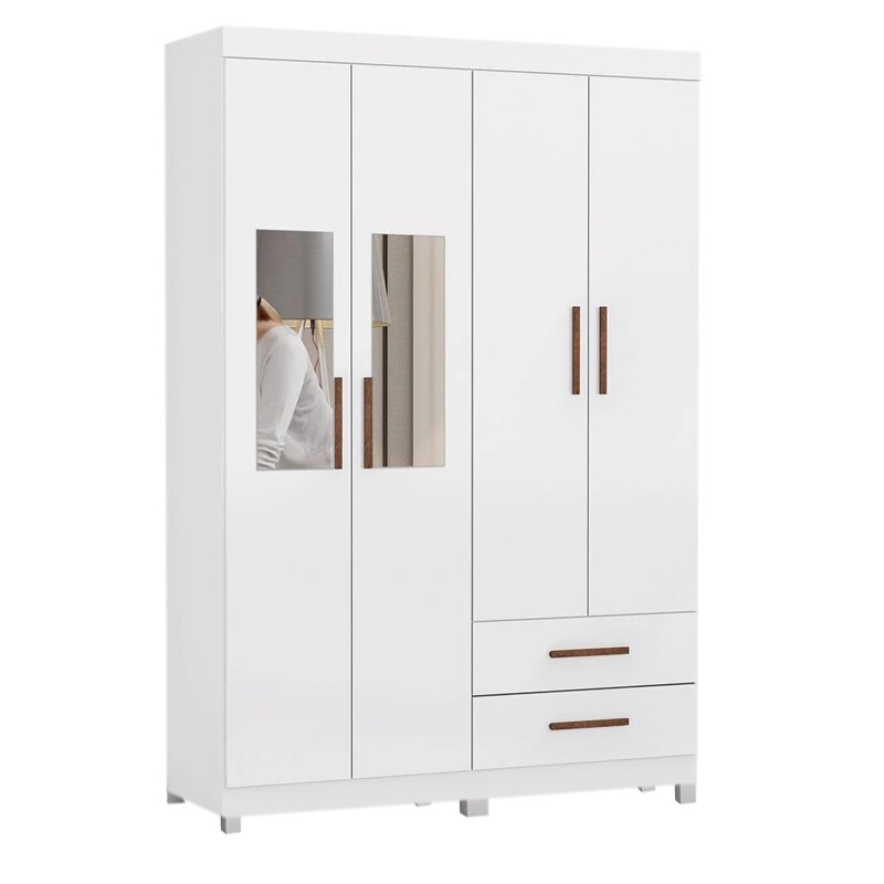 Guarda-Roupa Solteiro Hércules 04 Portas 02 Gavetas Com Espelho 1.18m Branco Com pés Carioca