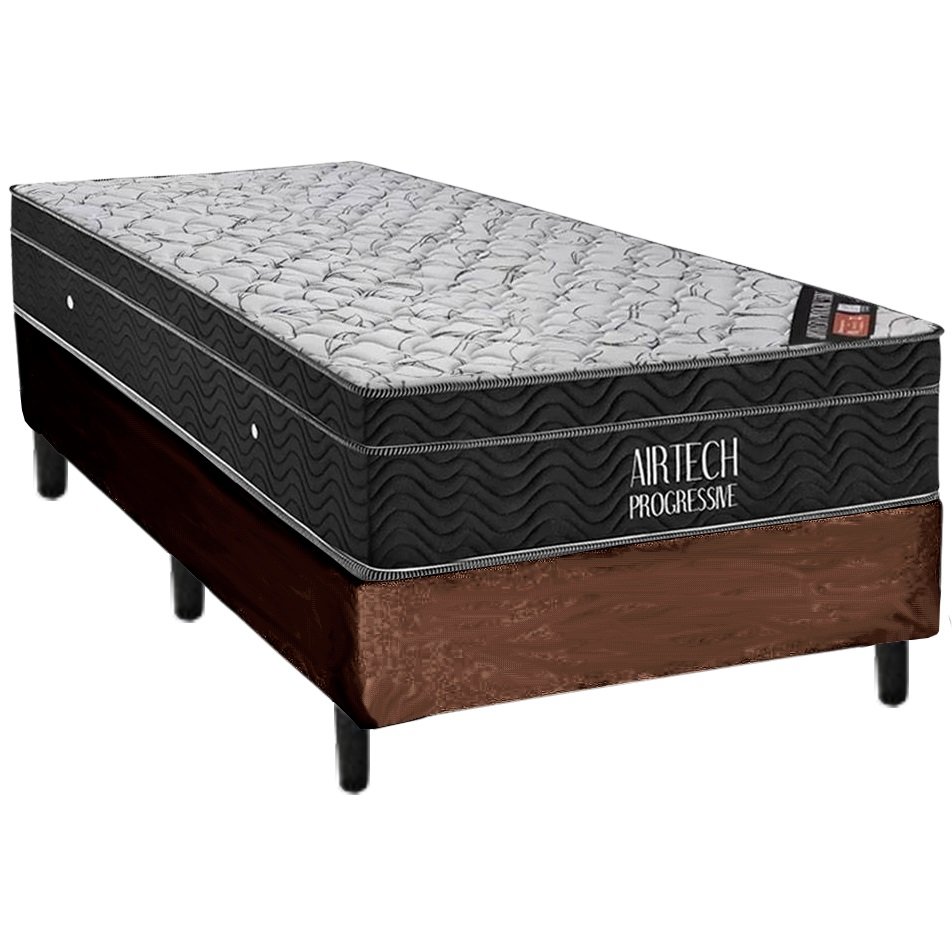 Colchão Solteiro Airtech Progressive D26 + Base Box Simples Corino Marrom – ORTOBOM + ALTO NÍVEL CAMAS E COLCHÕES