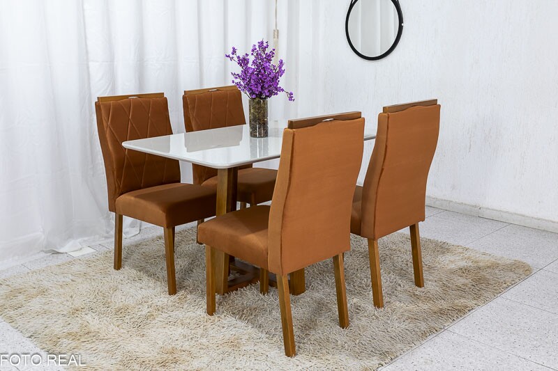 Mesa de Jantar Pedro Mel Vidro Off 120×80 4 Cadeiras Lisboa Veludo Terracota 513 Madeira Maciça Art Assento - Entregue Montada - Imagem 3