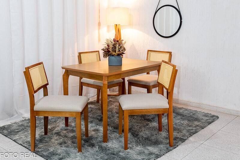 Mesa de Jantar Alegra Tampo Cinamomo 120×80 4 Cadeiras Jade Linho Bege 29011 JCM Madeira Maciça