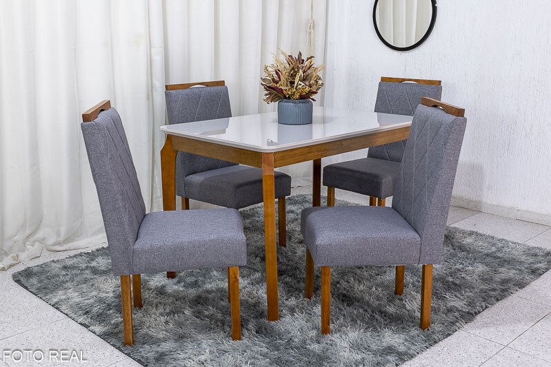 Mesa de Jantar Alegra Tampo Vidro Off 120×80 4 Cadeiras Diamante Linho Cinza 2904 JCM Madeira Maciça