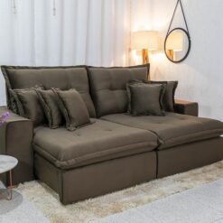Sofá Retrátil Reclinável Ferrara 2.50m Veludo Marrom D33 e Molas Ensacadas