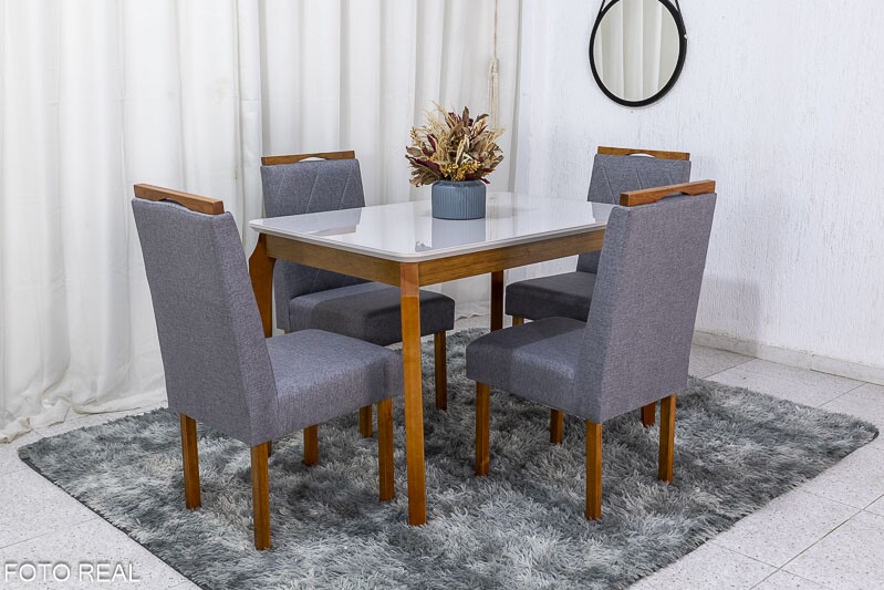 Mesa de Jantar Alegra Tampo Vidro Off 120×80 4 Cadeiras Diamante Linho Cinza 2904 JCM Madeira Maciça - Imagem 2