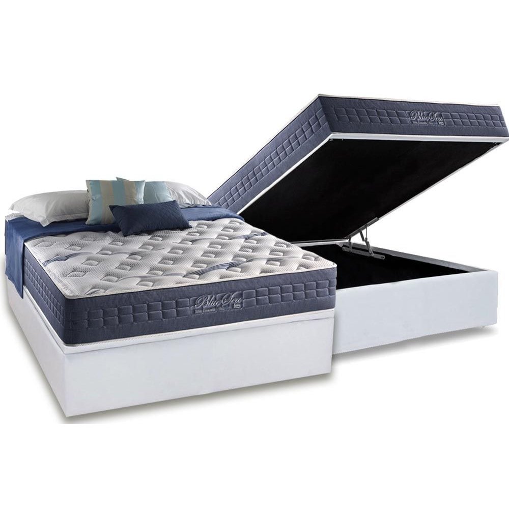Colchão Casal Blue Sea D28 + Base Box Baú Corino Branco – ANJOS COLCHÕES + ALTO NÍVEL CAMAS E COLCHÕES