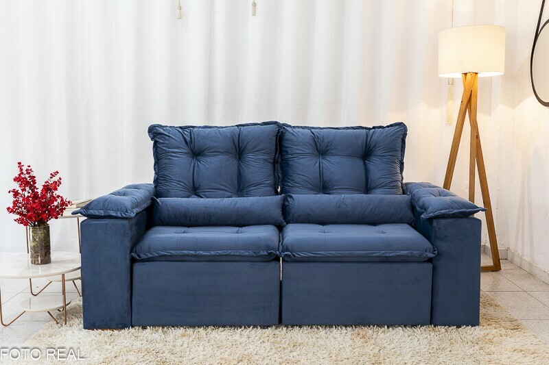 Sofá Retrátil Reclinável 3 Lug. Grécia 2.00m Veludo Azul - Sem Caixa - Imagem 5