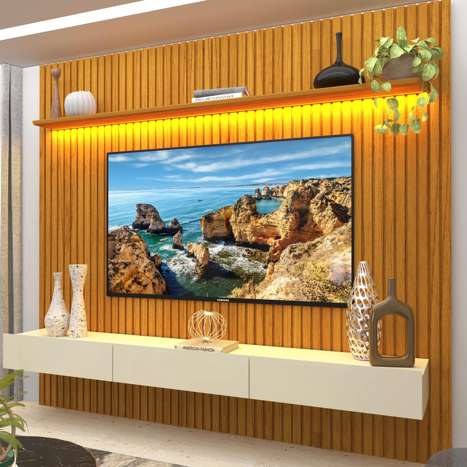 Home até 85" Nobre Ripado 230(Com Nicho) Naturale/Off White - GELIUS