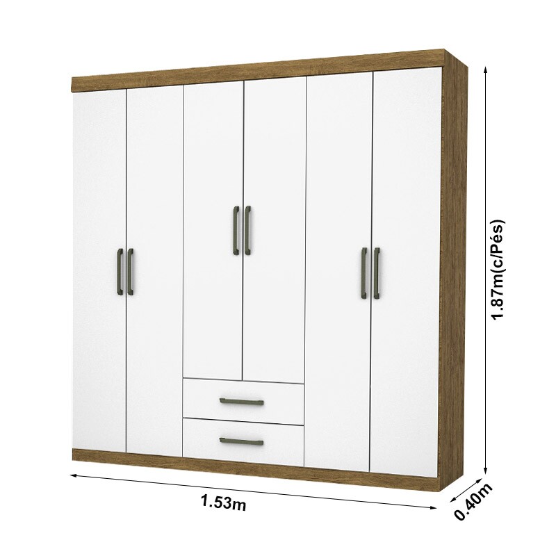 Roupeiro Solteiro Áries Cinamomo/Branco 6 Portas 2 Gavetas C/Pés Larg. 1.53m - Carioca - Imagem 3