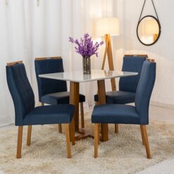 Mesa de Jantar Pedro Mel Vidro Off 90×90 4 Cadeiras Lisboa Veludo Azul 503 Madeira Maciça Art Assento - Entregue Montada