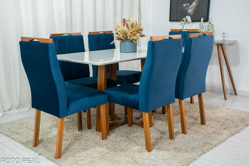Mesa de Jantar Pedro Mel Vidro Off 160×80 6 Cadeiras Lisboa Veludo Azul 503 Madeira Maciça Art Assento - Entregue Montada - Imagem 2