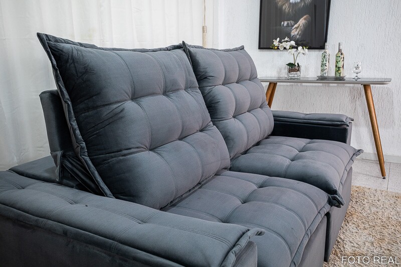 Sofá Retrátil Reclinável Atenas Veludo Cinza 814 Larg. 2.10m - D33 e Molas Ensacadas - Imagem 3