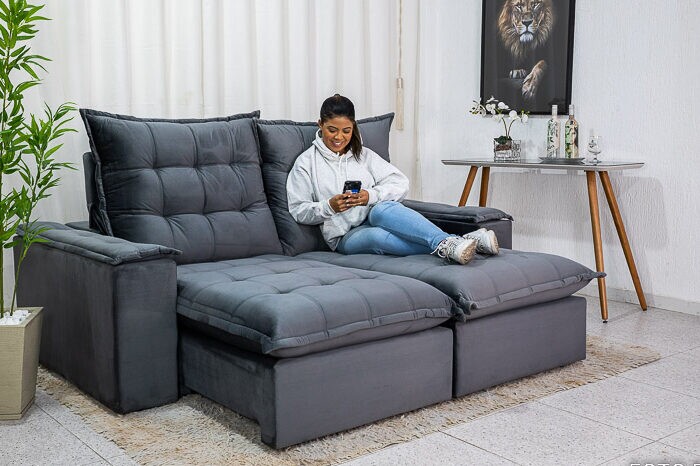 Sofá Retrátil Reclinável Atenas Veludo Cinza 814 Larg. 2.10m - D33 e Molas Ensacadas - Imagem 8