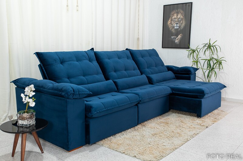 Sofá Retrátil Reclinável 3.20m Emanuelly Veludo Azul 03 - D28 Soft - Imagem 2