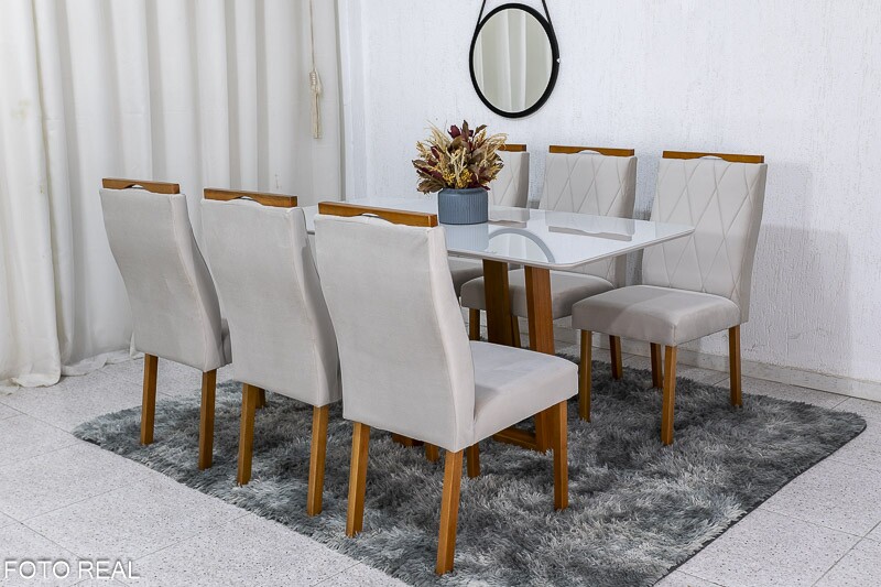 Mesa de Jantar Pedro Mel Vidro Off 160×80 6 Cadeiras Lisboa Veludo Bege 512 Madeira Maciça Art Assento - Entregue Montada - Imagem 2