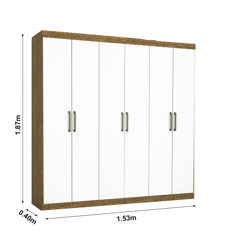 Guarda-Roupa Solteiro Recife Larg. 1.53m 6 Portas 2 Gavetas Com Pés Cinamomo/Branco Carioca - Imagem 3