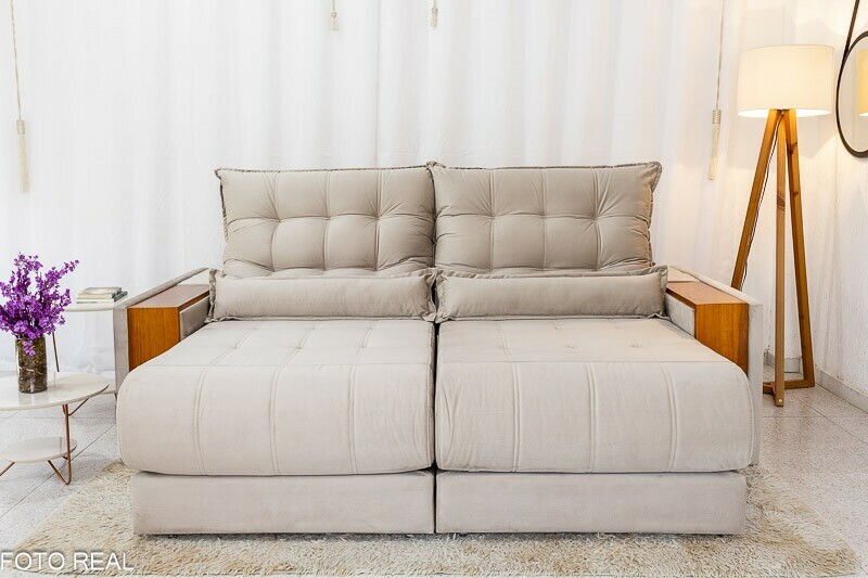 Sofá Retrátil Reclinável 2.30m Gênova Veludo Bege 818 - Molas Ensacadas - Imagem 4