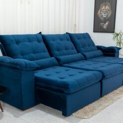 Sofá Retrátil Reclinável 3.20m Emanuelly Veludo Azul 03 - D28 Soft