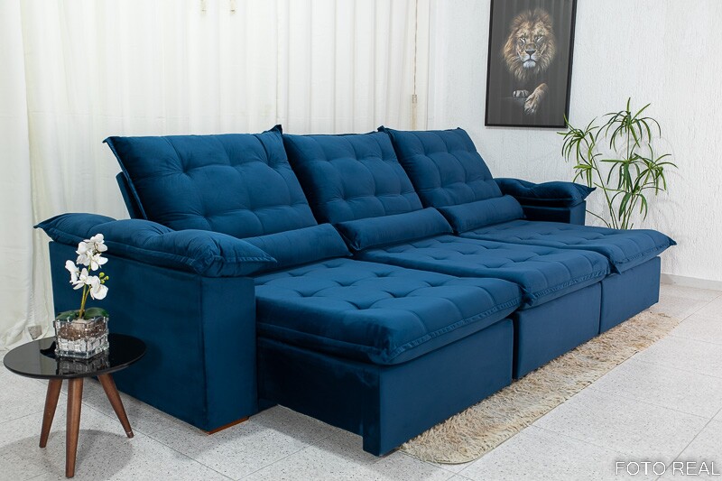 Sofá Retrátil Reclinável 3.20m Emanuelly Veludo Azul 03 - D28 Soft