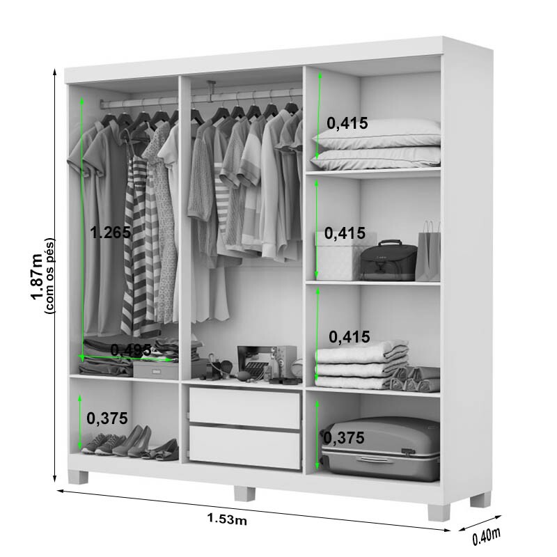 Guarda-Roupa Solteiro Recife Larg. 1.53m 6 Portas 2 Gavetas Com Pés Cinamomo/Branco Carioca - Imagem 2