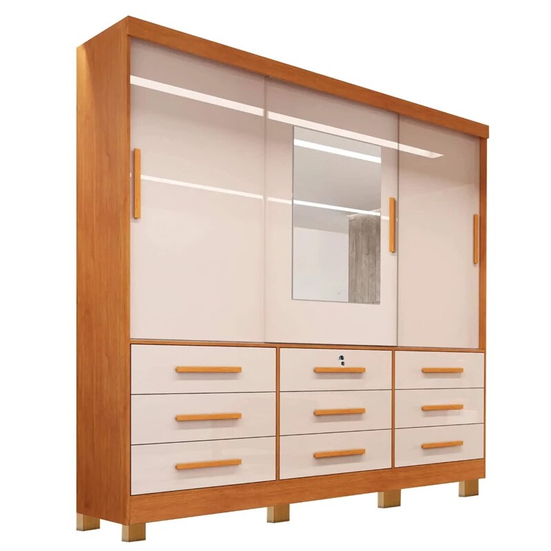 Guarda-Roupa Casal Athenas C/Espelho 3 Pts 9 Gav Nature/Off Larg. 1.80m C/Pés Bianchi + Cama Box Casal Ortopédico D33 Rondoconfort Rondomóveis - Imagem 2