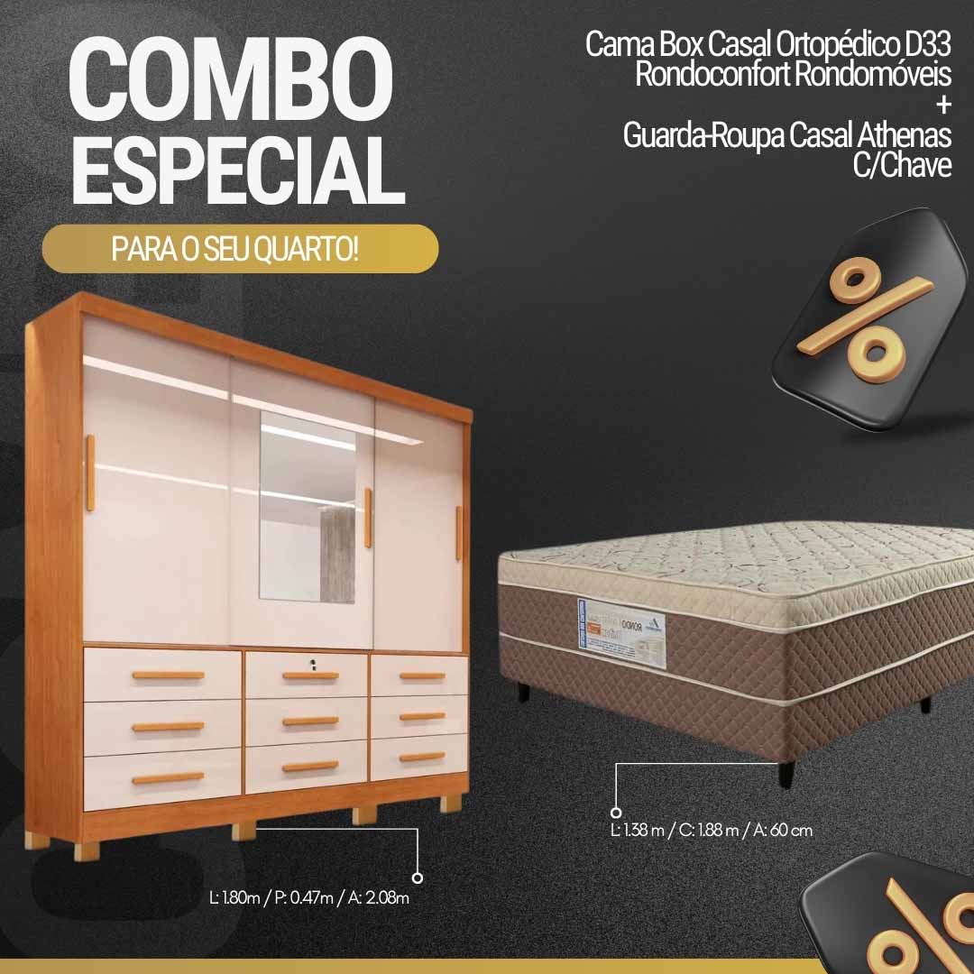 Guarda-Roupa Casal Athenas C/Espelho 3 Pts 9 Gav Nature/Off Larg. 1.80m C/Pés Bianchi + Cama Box Casal Ortopédico D33 Rondoconfort Rondomóveis