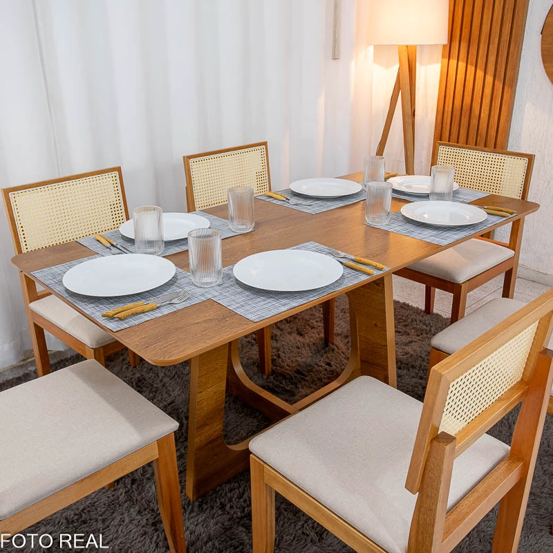 Mesa de Jantar Dubai 160x80 Tampo Londres Cinamomo Cel Móveis + 6 Cad. Santorini Linho Bege Madeira - Minas Plac - Imagem 3