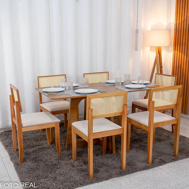 Mesa de Jantar Dubai 160x80 Tampo Londres Cinamomo Cel Móveis + 6 Cad. Santorini Linho Bege Madeira - Minas Plac - Imagem 4