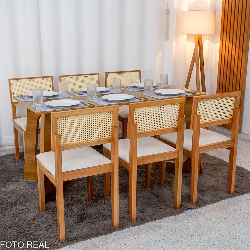 Mesa de Jantar Dubai 160x80 Tampo Londres Cinamomo Cel Móveis + 6 Cad. Santorini Linho Bege Madeira - Minas Plac - Imagem 5
