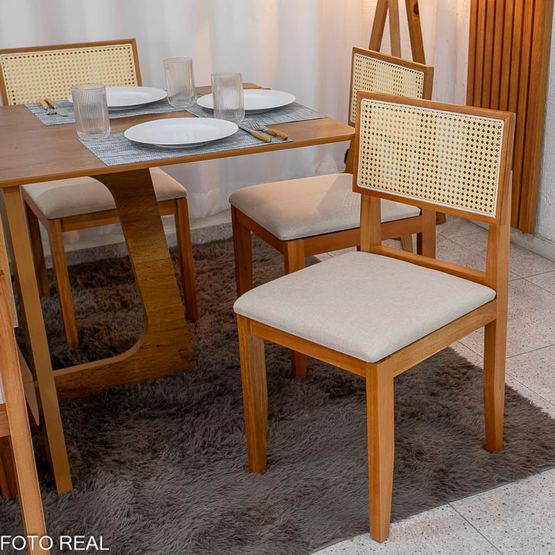 Mesa de Jantar Dubai 160x80 Tampo Londres Cinamomo Cel Móveis + 6 Cad. Santorini Linho Bege Madeira - Minas Plac - Imagem 7