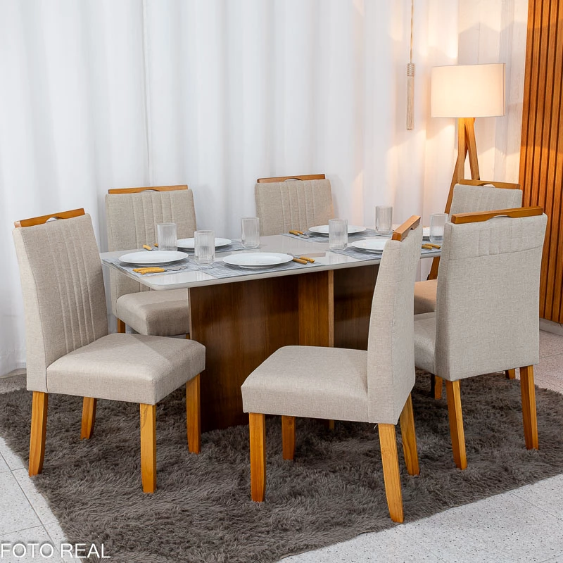 Mesa de Jantar Moscou 160x80 Vidro Off/Base Cinamomo + 6 Cad. Londres Veludo Avelã Madeira Minas Plac - Entregue Montada