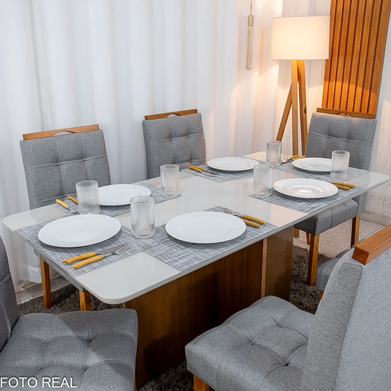 Mesa de Jantar Moscou 160x80 Vidro Off/Base Cinamomo + 6 Cad. Londres Linho Cinza Madeira Minas Plac - Entregue Montada - Imagem 3