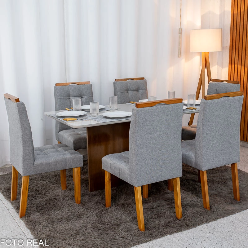 Mesa de Jantar Moscou 160x80 Vidro Off/Base Cinamomo + 6 Cad. Londres Linho Cinza Madeira Minas Plac - Entregue Montada - Imagem 5