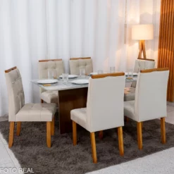 Mesa de Jantar Moscou 160x80 Vidro Off/Base Cinamomo + 6 Cad. Atlanta Linho Bege Cru Madeira Minas Plac - Entregue Montada